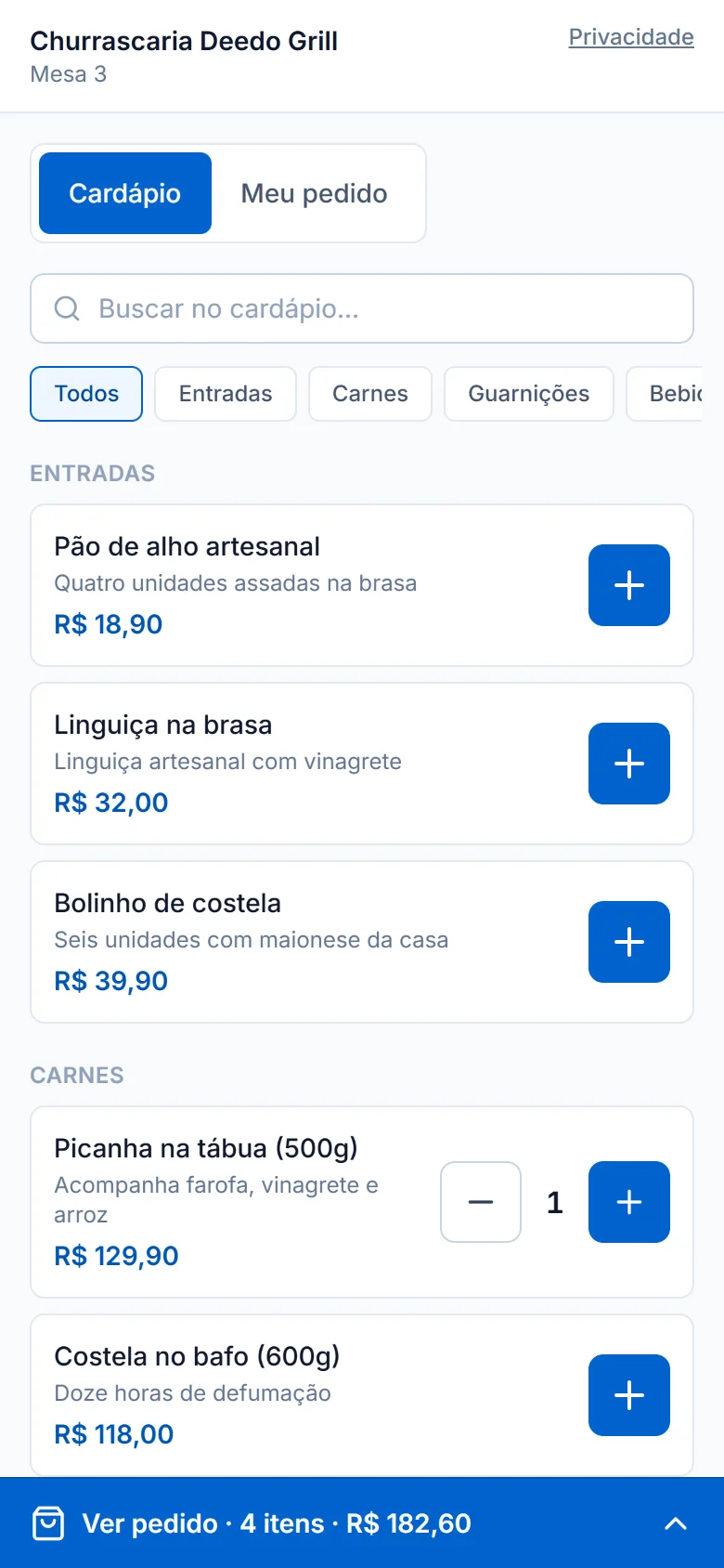 Mapa de mesas e cardápio pelo celular no Deedo Comanda
