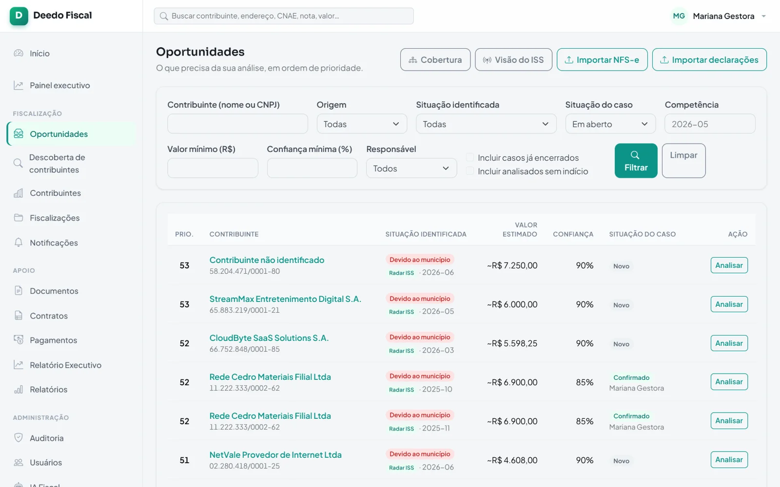 Fila de oportunidades de fiscalização no Deedo Fiscal