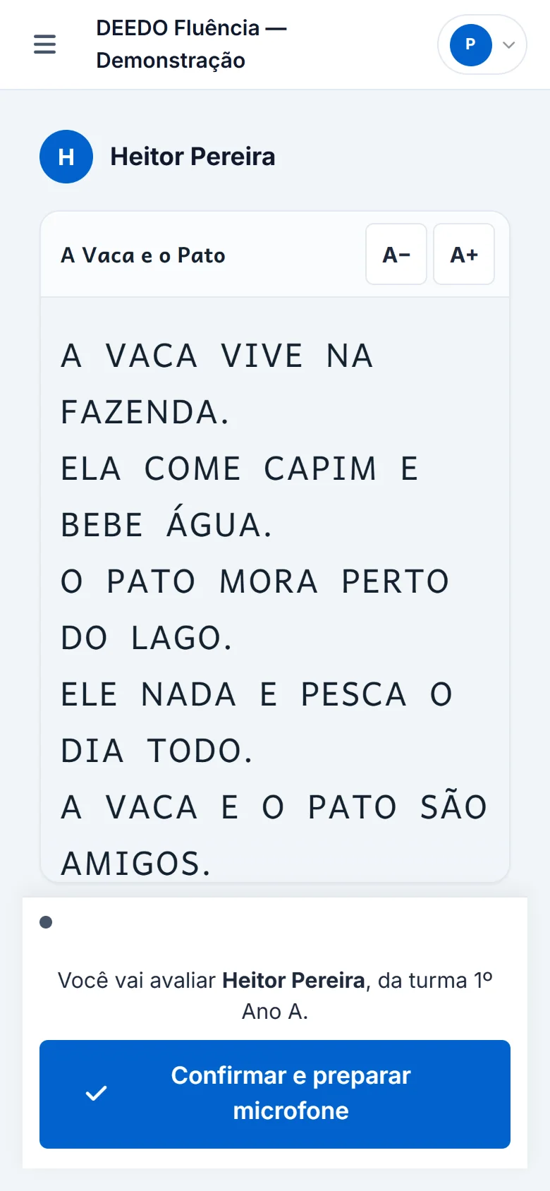 Resultado de uma avaliação de leitura e gravação pelo celular no Deedo Fluência