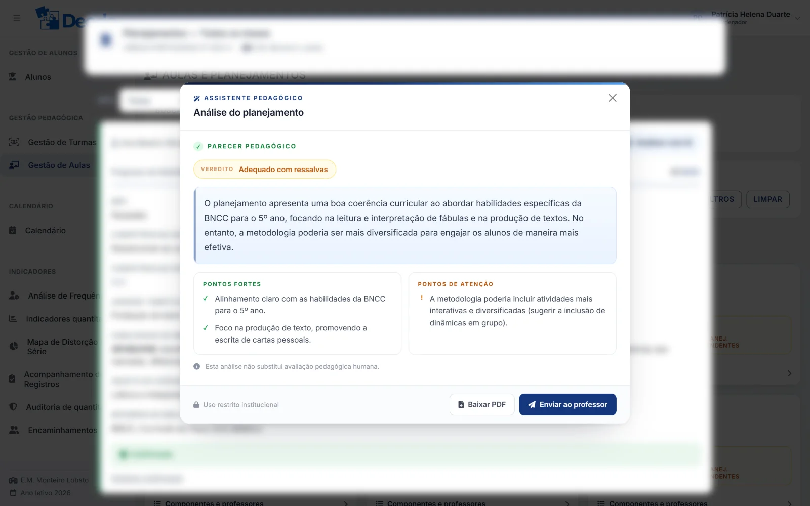 Parecer pedagógico do planejamento gerado com IA, para a coordenação revisar.