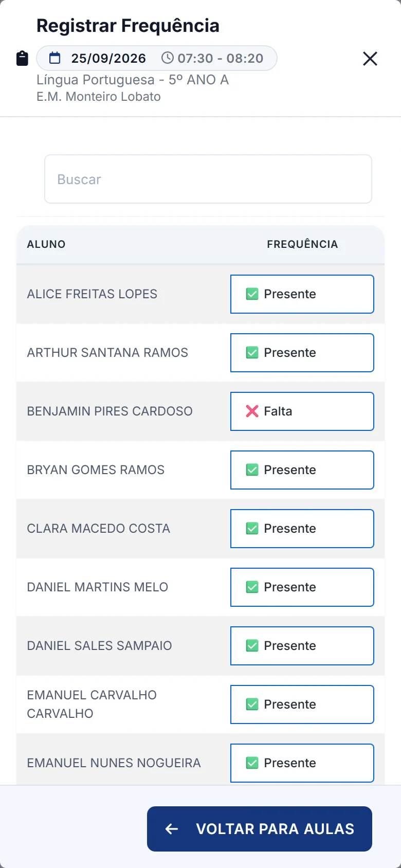 Painel da coordenação no Deedo Gestão e chamada pelo celular do professor