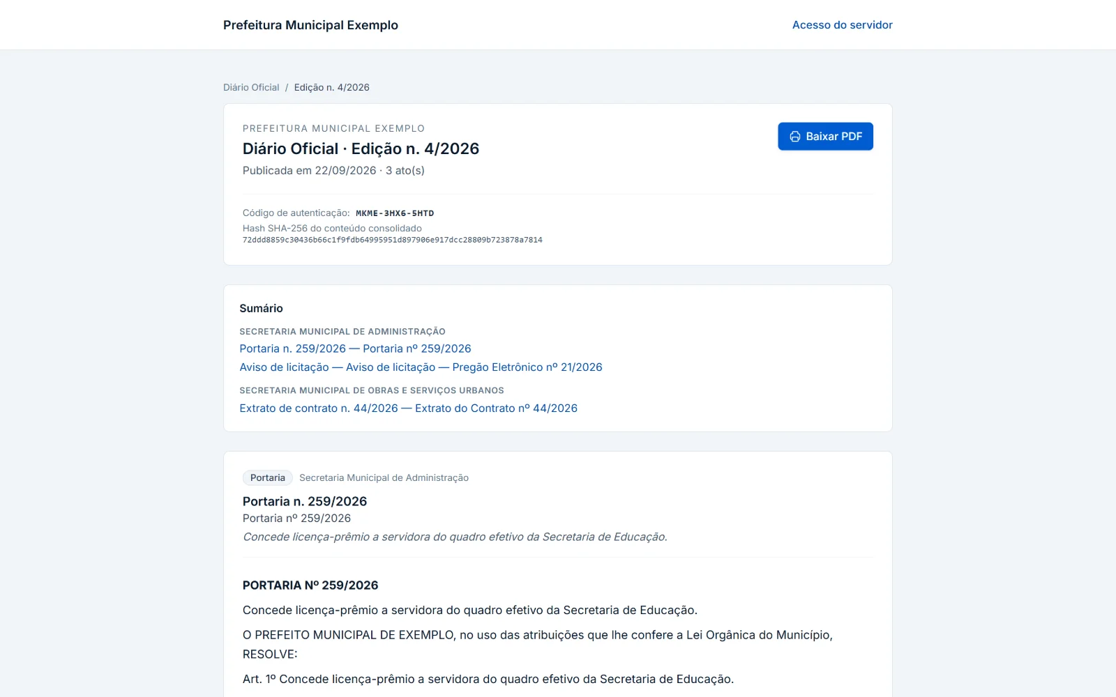 Diário Oficial com código de autenticação.