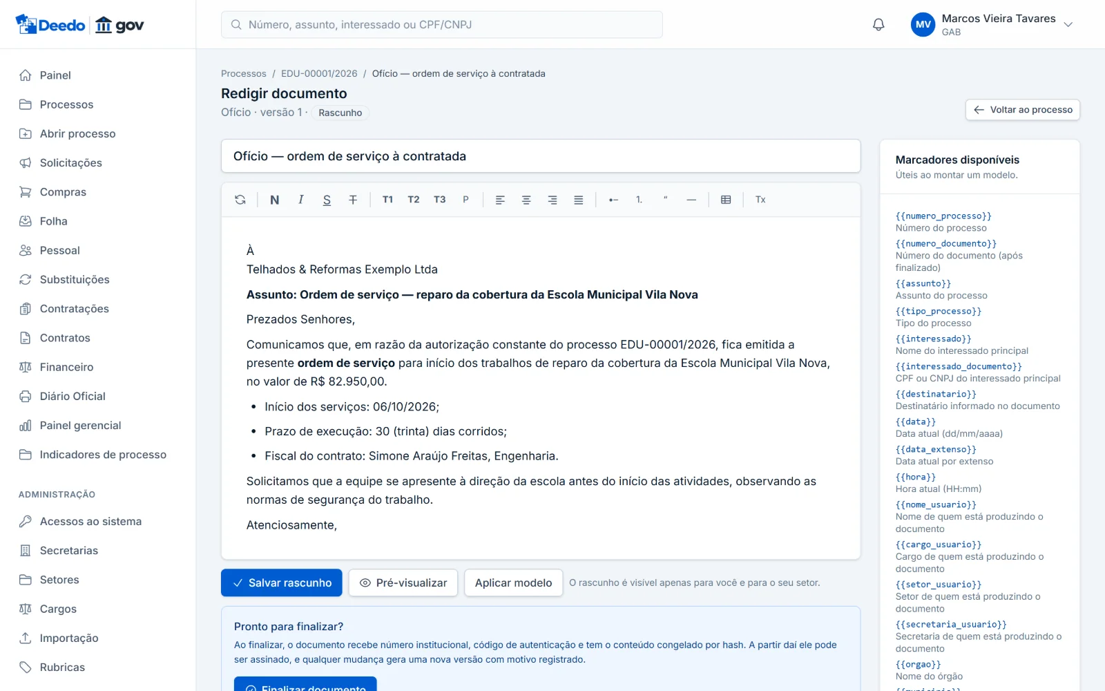 Editor de documentos com modelos padronizados.