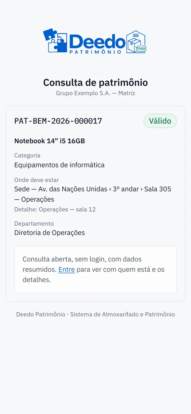 Ficha de um bem e consulta pelo QR Code no Deedo Patrimônio