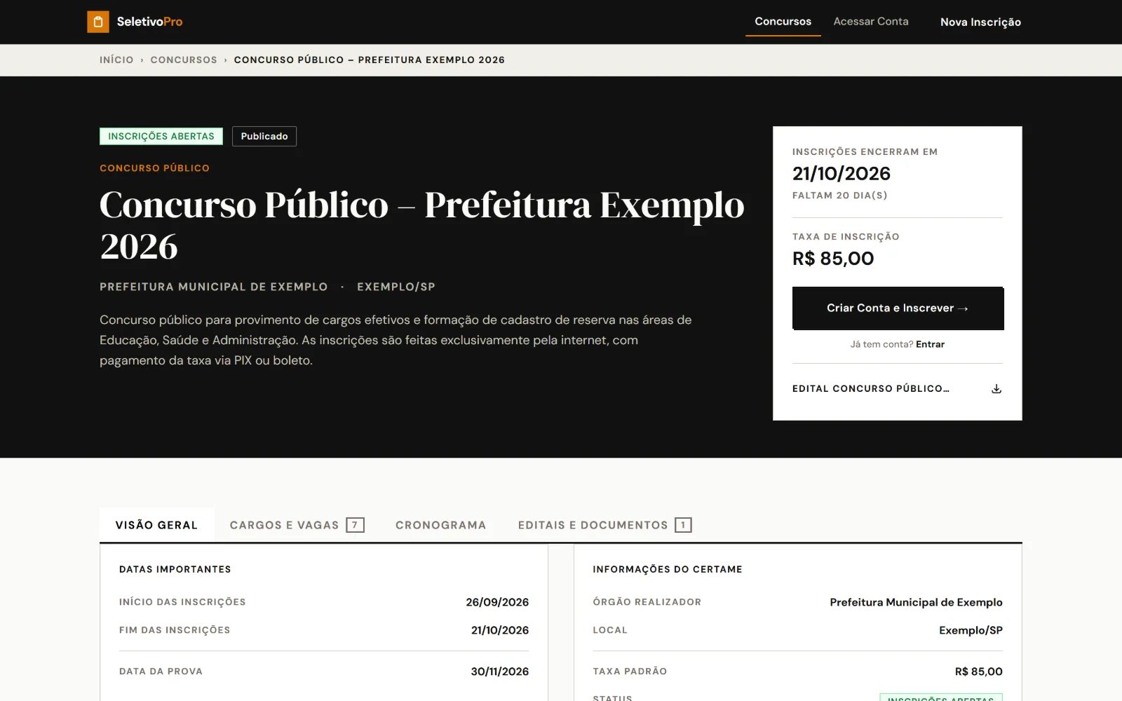 Página pública do processo seletivo.